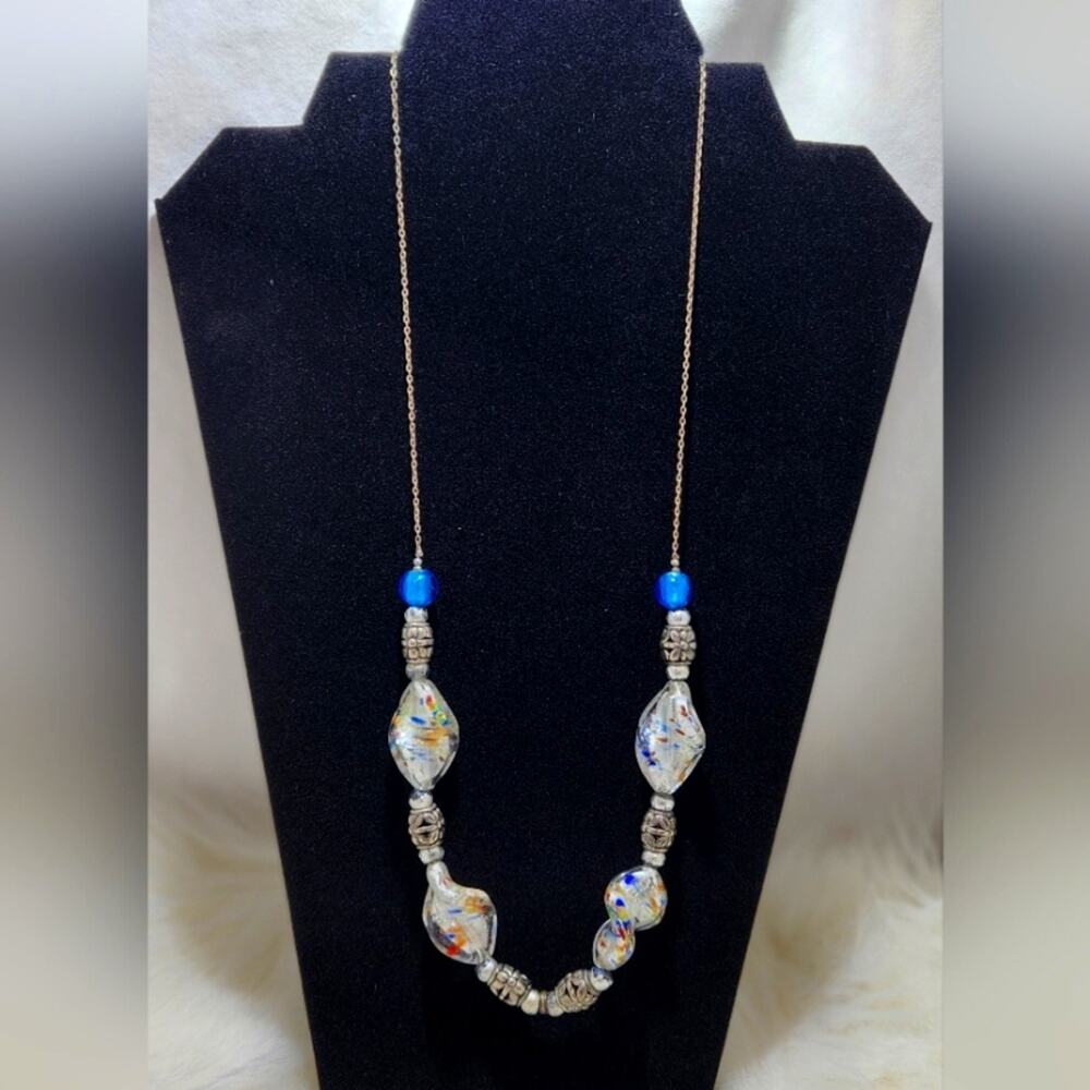 Silver Blue Glass Twisted Bead Necklace Elegant Statement Cocktail Evening Wear